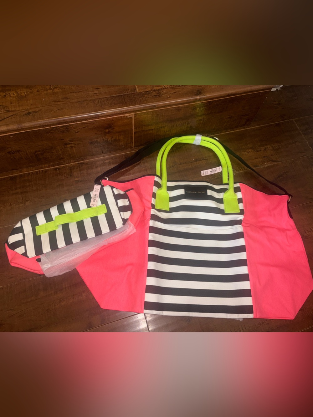 Neon Pink Striped Kids Tote with Lime Accents